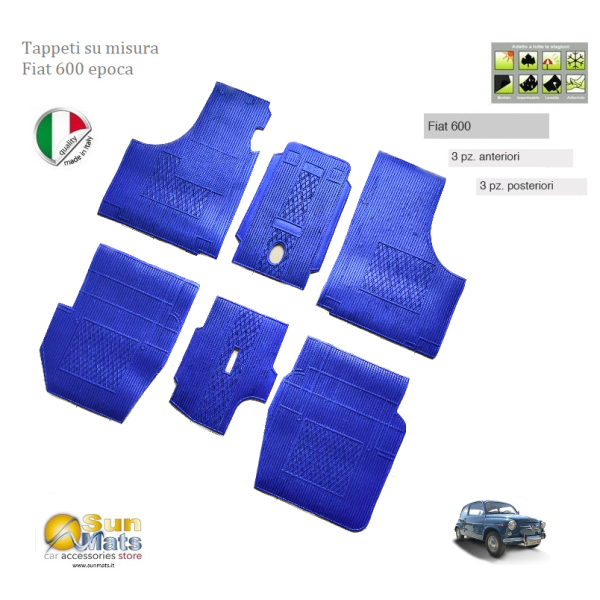 Tappeti Fiat 600 d'epoca su misura di colore Blu-AUTO D'EPOCA-Sunmats vendita on line
